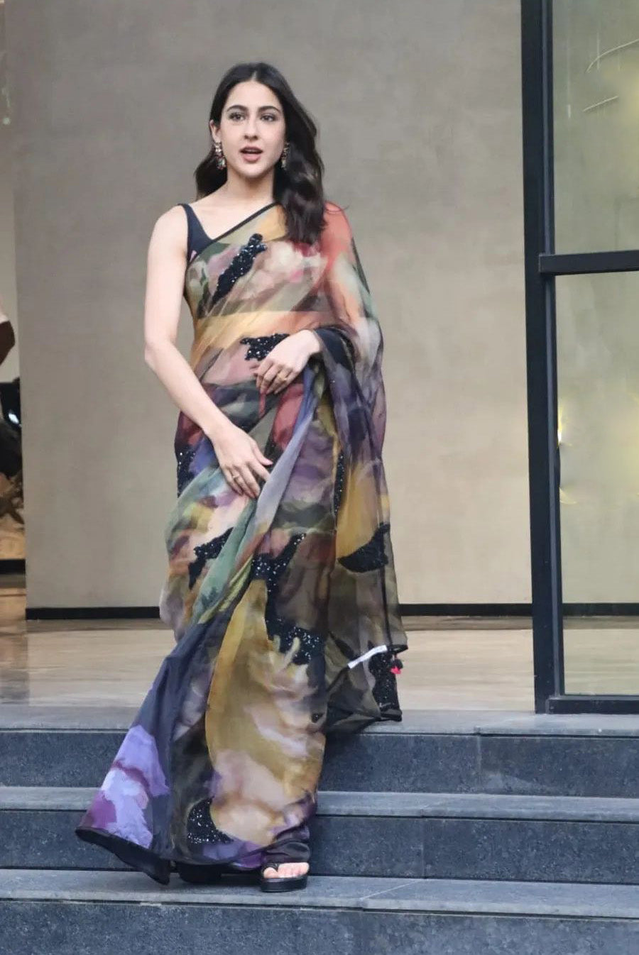 Celebrity Sara Ali Khan Wear Multi Color Saree