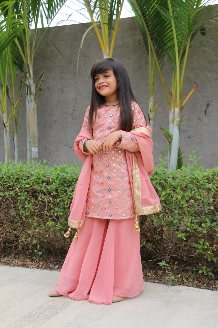 Beautiful Peach Color Mother Daughter Sharara Suit