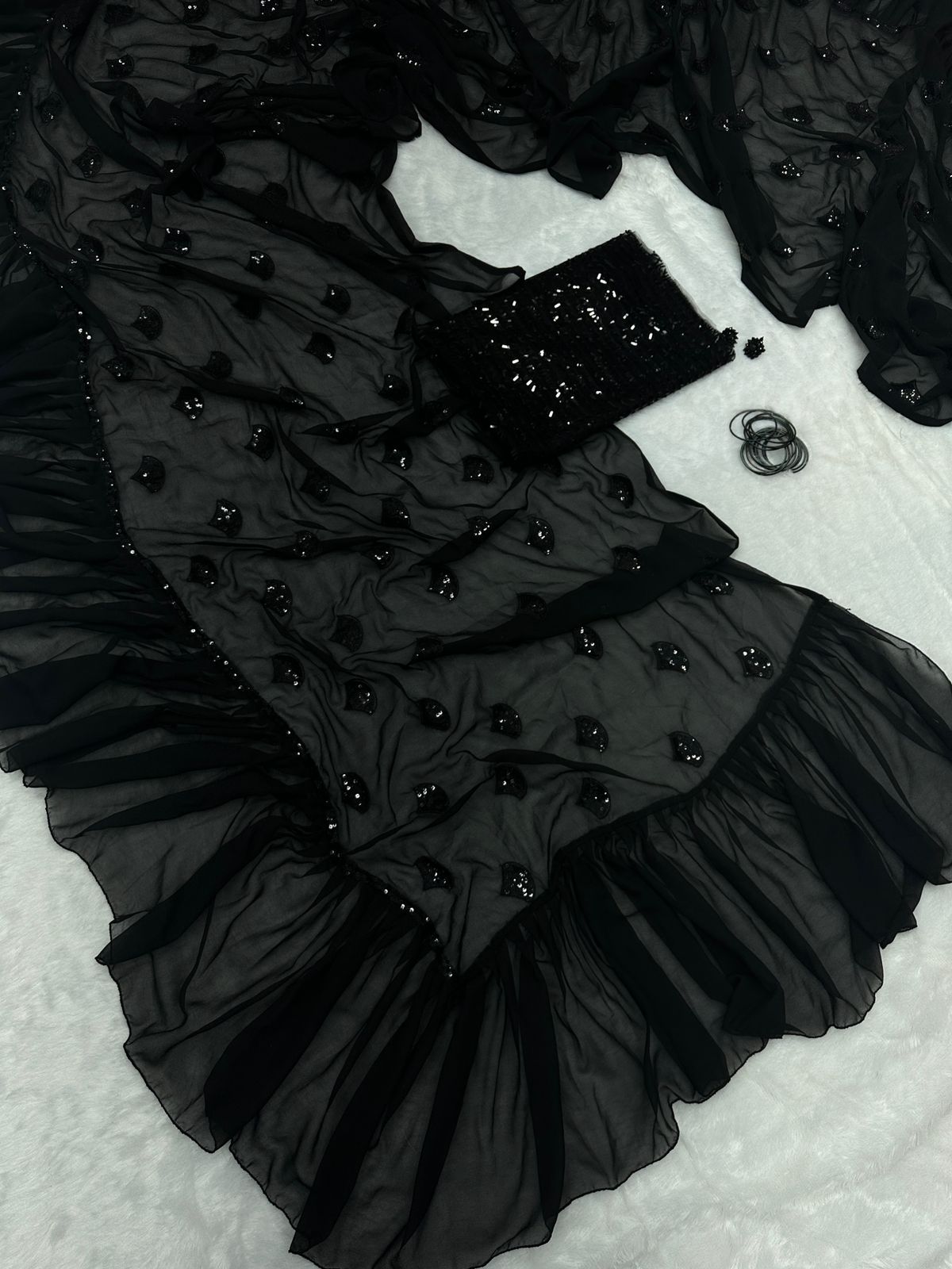 Party Wear Black Color Ruffle Style Saree