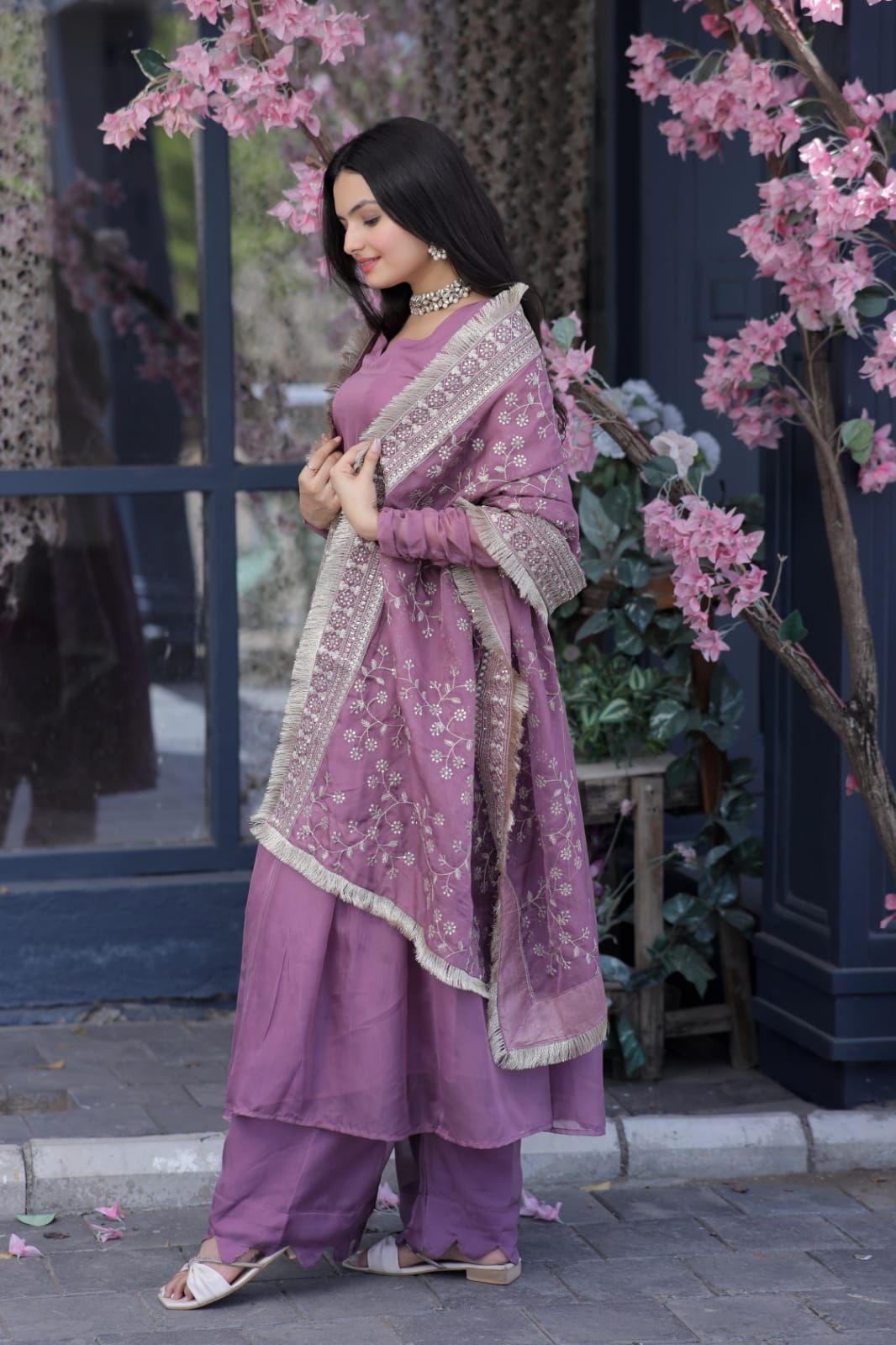 Dusty Pink Color Long Suit With Palazzo And Terrific Dupatta