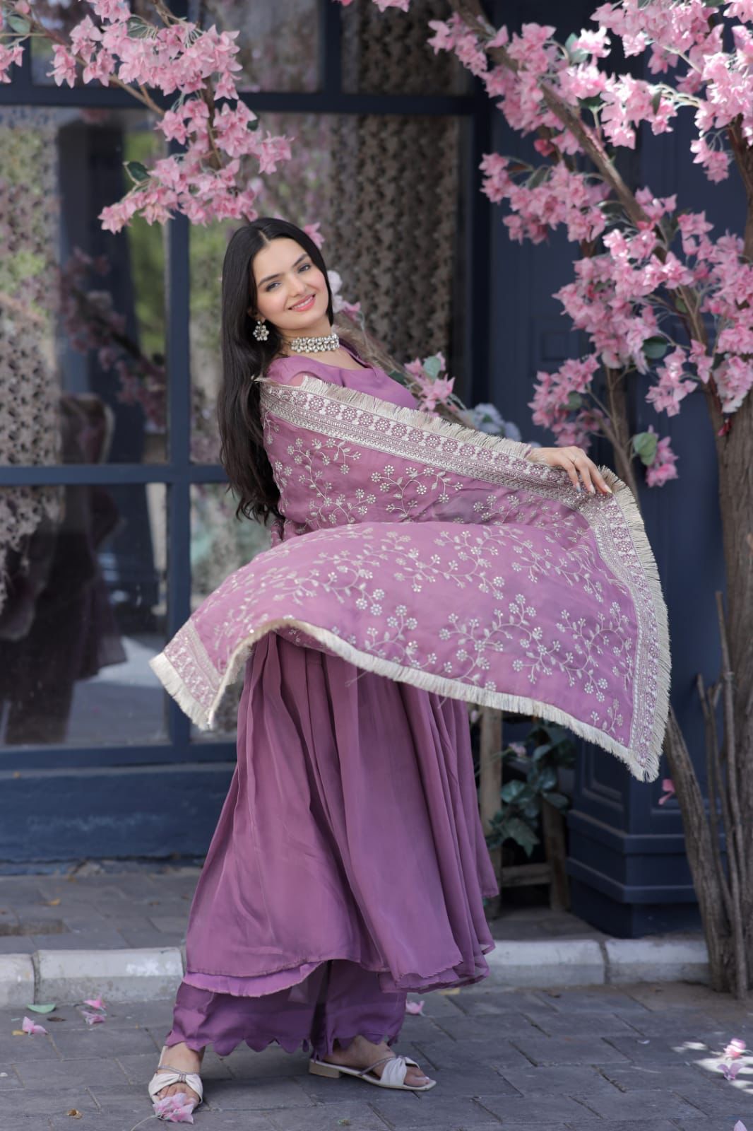 Dusty Pink Color Long Suit With Palazzo And Terrific Dupatta