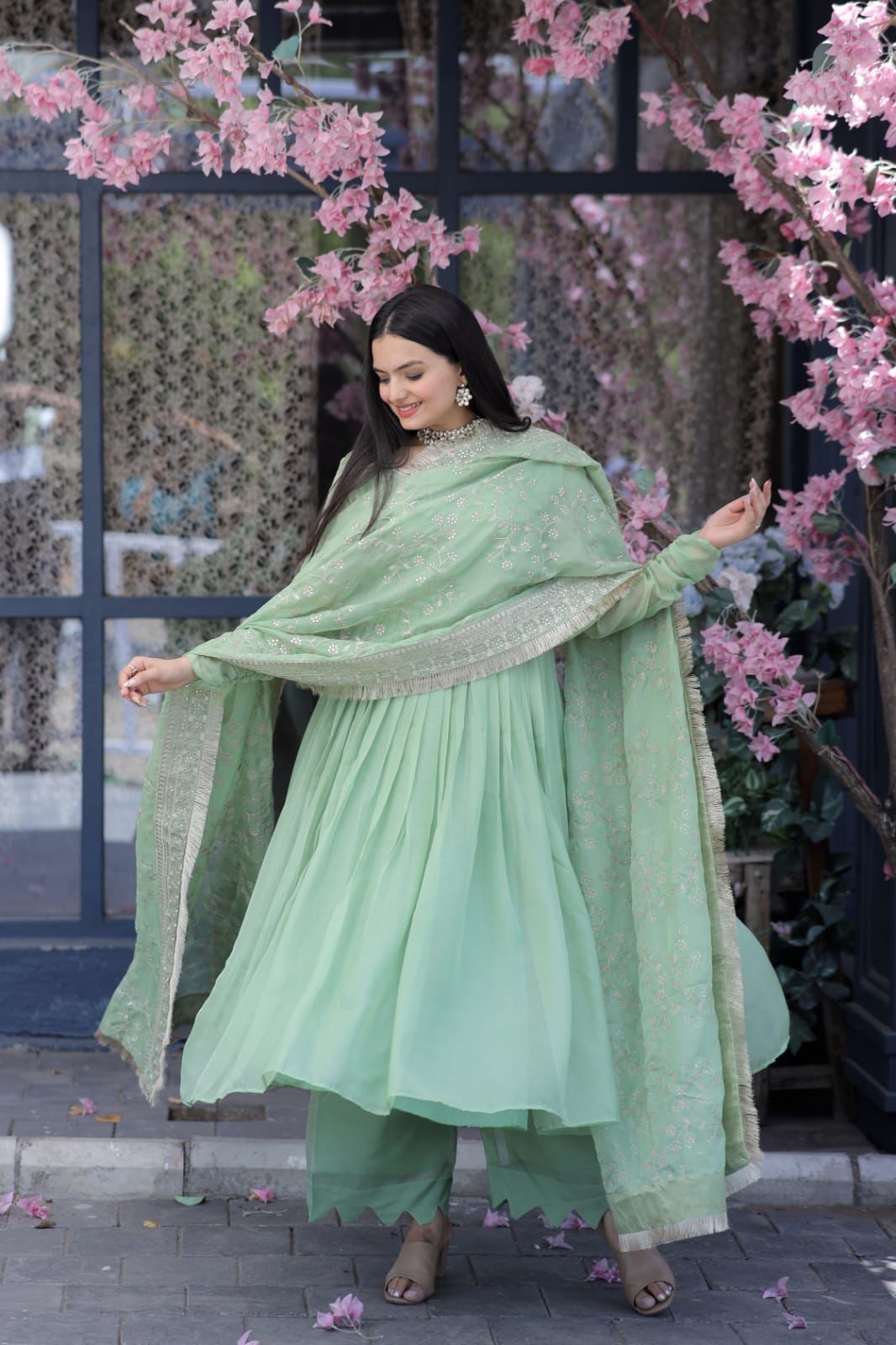 Pista Green Color Long Suit With Palazzo And Terrific Dupatta
