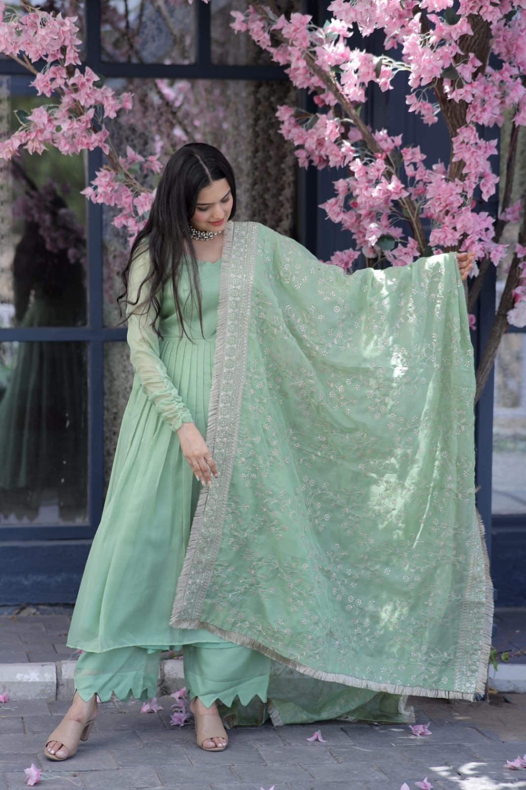 Pista Green Color Long Suit With Palazzo And Terrific Dupatta