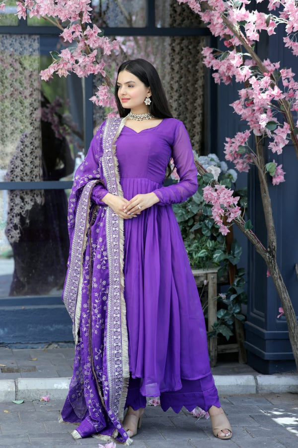 Purple Color Long Suit With Palazzo And Terrific Dupatta
