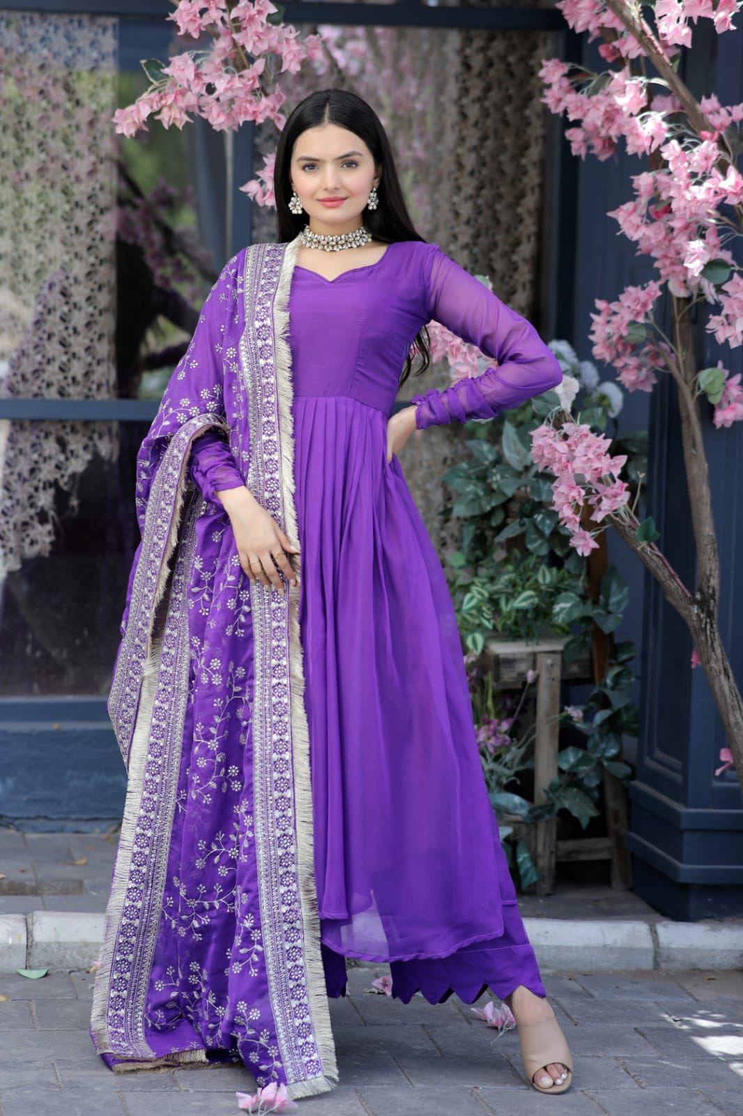 Purple Color Long Suit With Palazzo And Terrific Dupatta