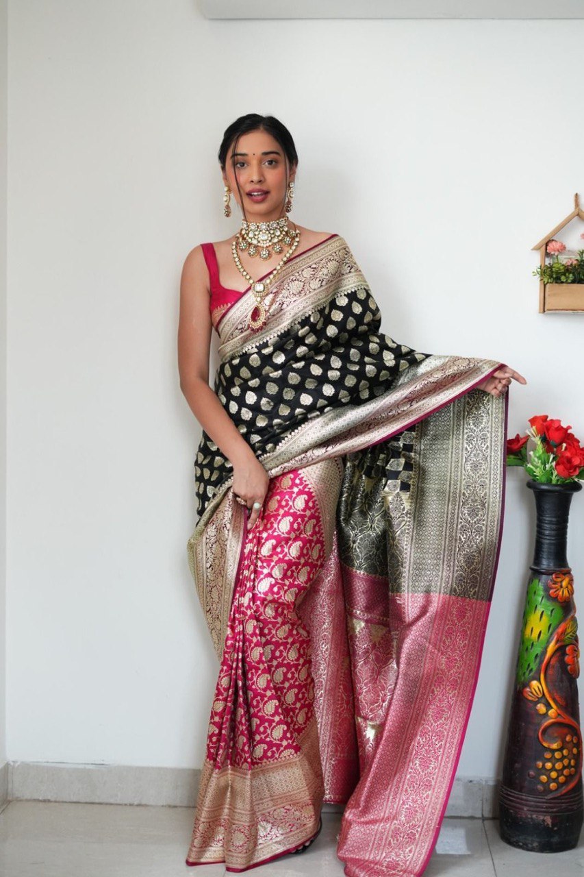 Banarasi Silk Ready To Wear Pink And Black Saree