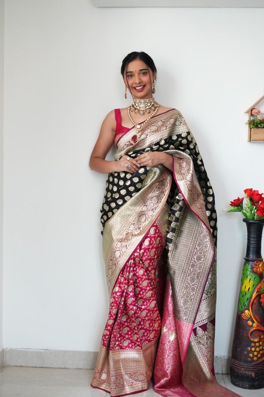 Banarasi Silk Ready To Wear Pink And Black Saree