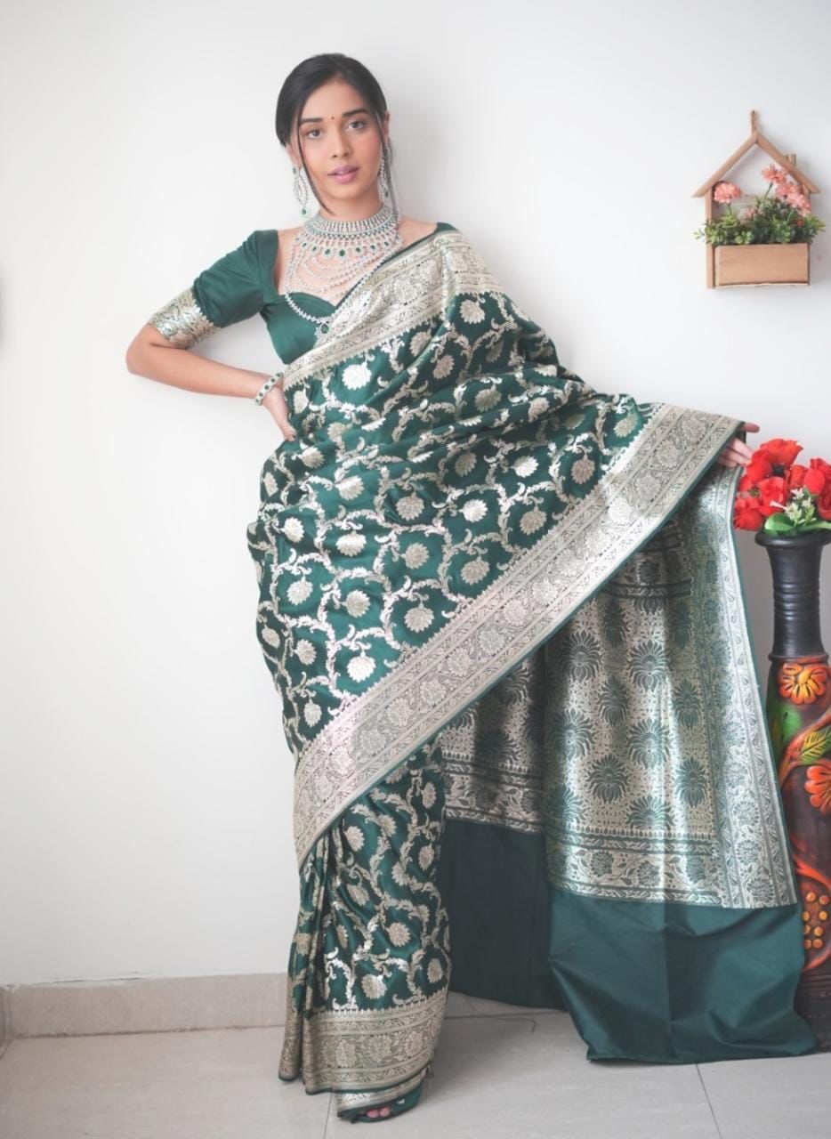 Banarasi Silk Silver Border Green Ready To Wear Saree