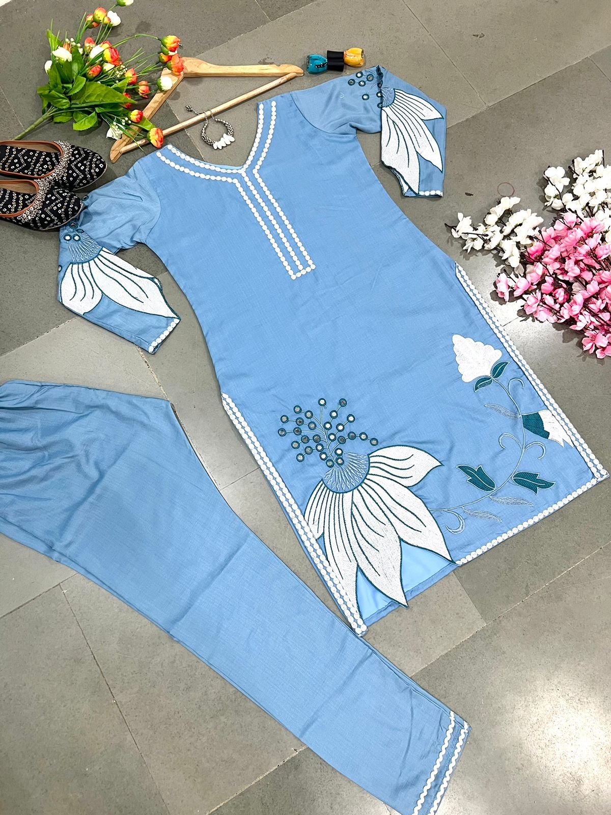Superhit Embroidery Cut Work Sky Blue Color Cord Set