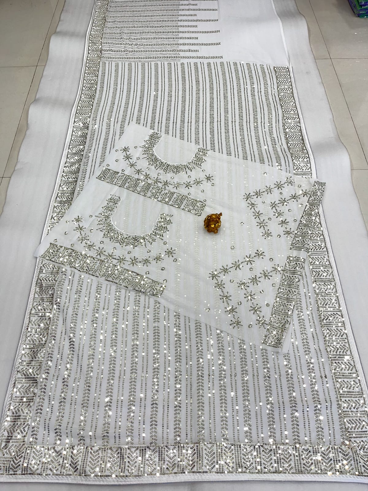 Heavy Embroidery Sequence Work White Color Saree