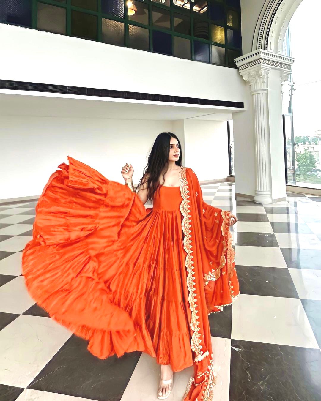 Graceful Orange Color Ruffle Anarkali Gown