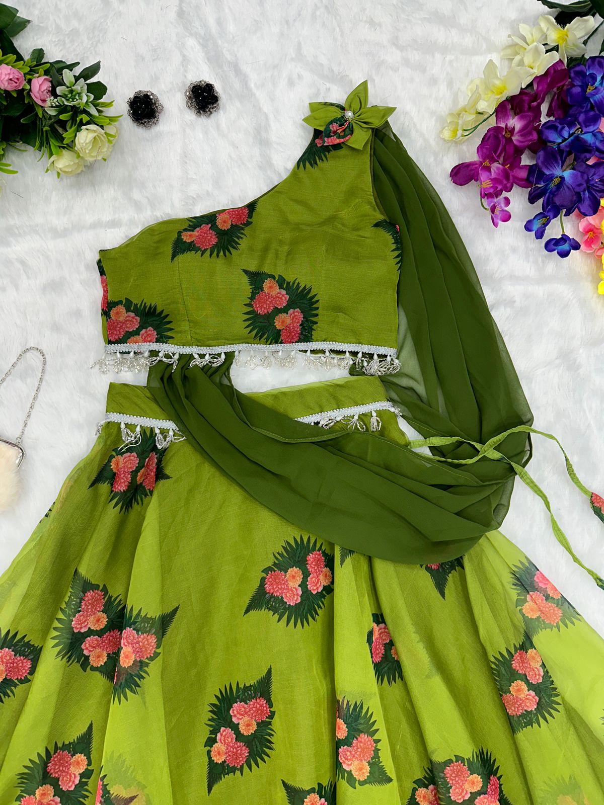 Fully Stitched Green Color Organza Silk Lehenga Choli