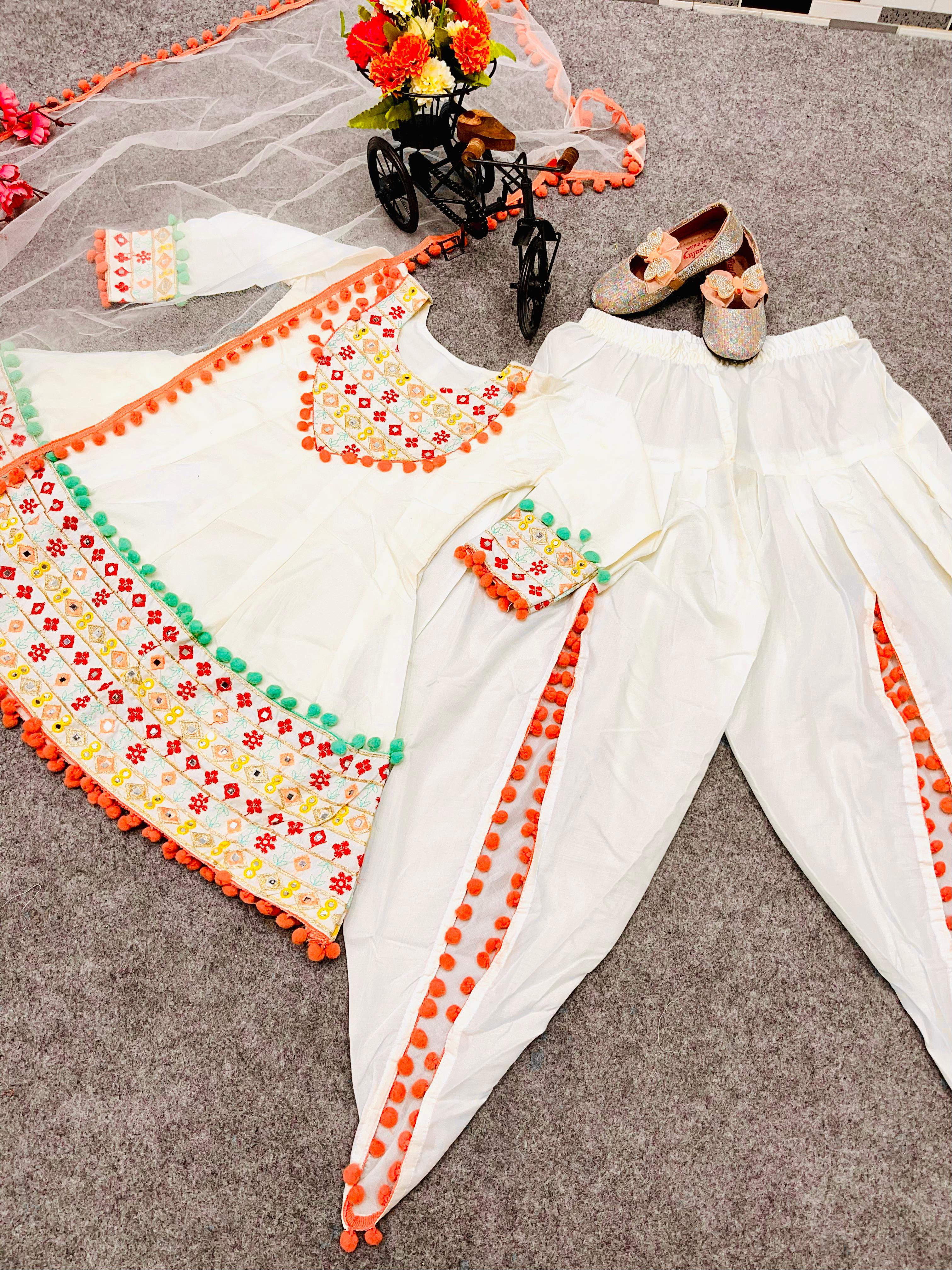 Girls White Color Multi Thread Work Dhoti Suit