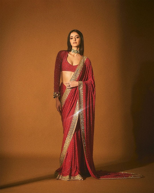 Celebrity Look Red Color  Sequence Work Saree