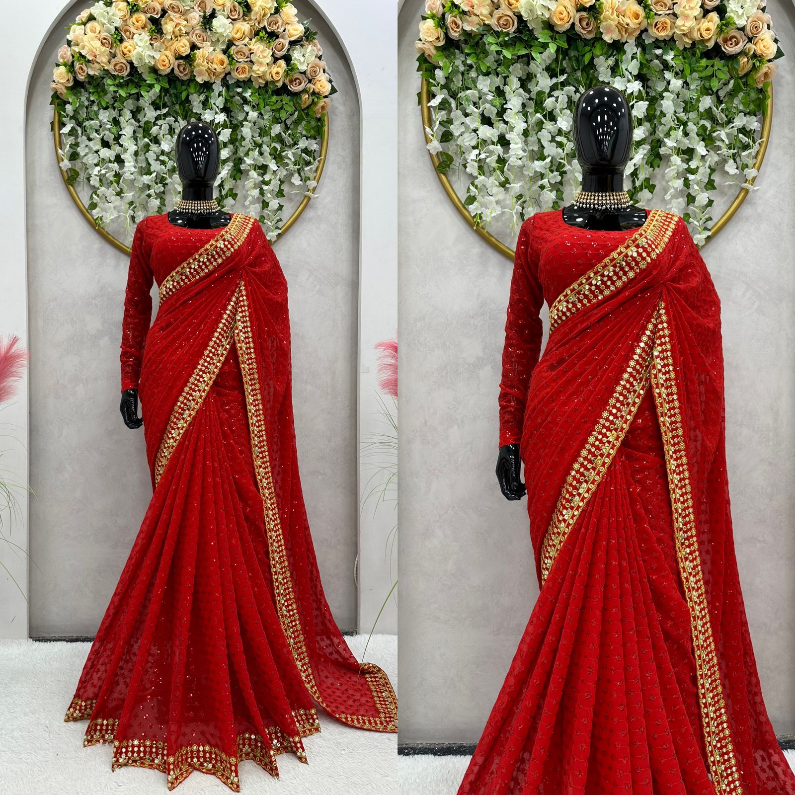 Celebrity Look Red Color  Sequence Work Saree