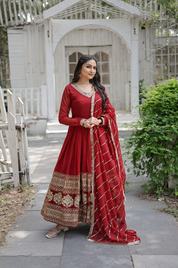 Fashionable Maroon Color Gown With Work Dupatta