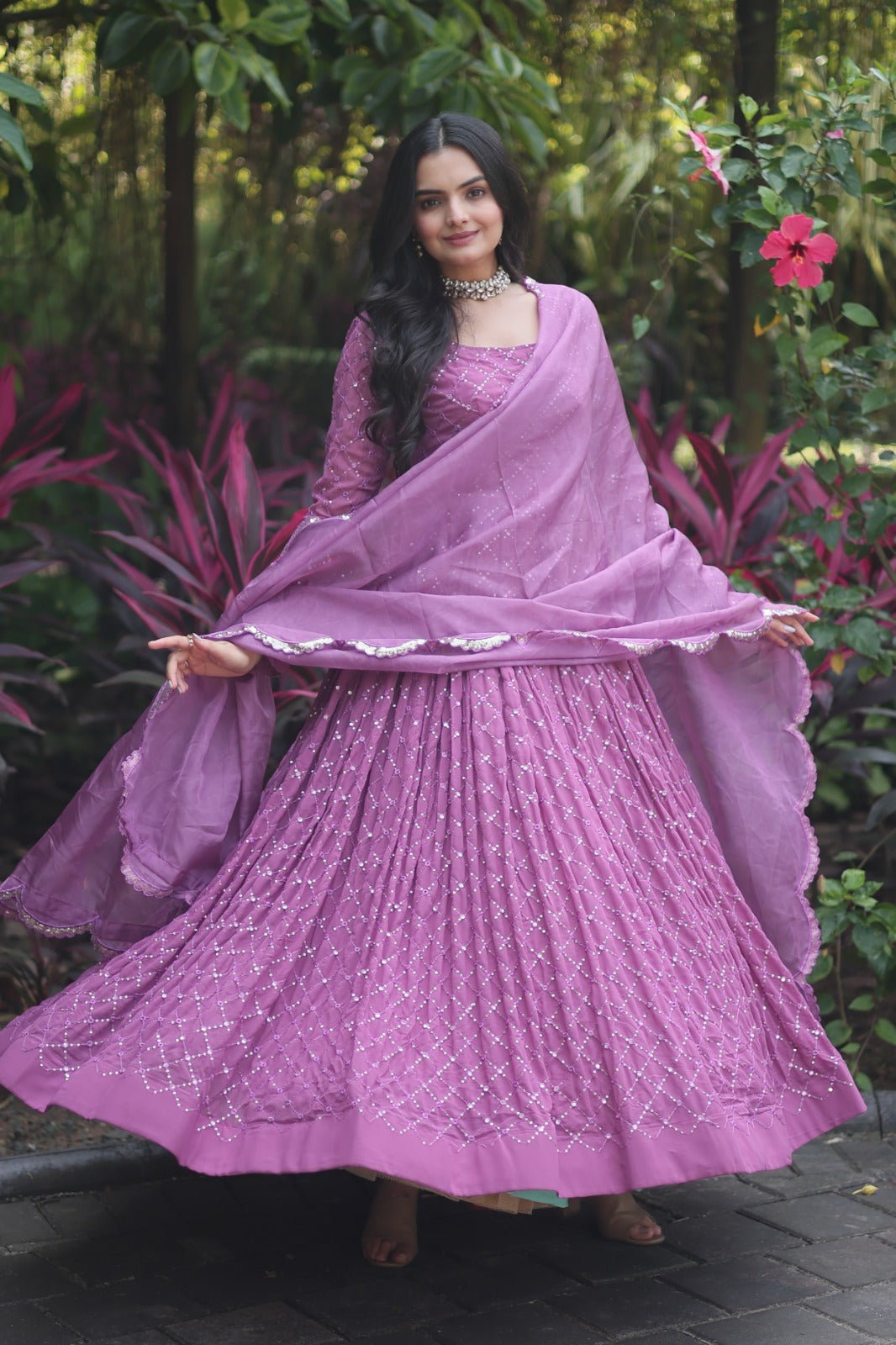 Fantastic Dusty Pink Color Sequence Embroidered Work Gown