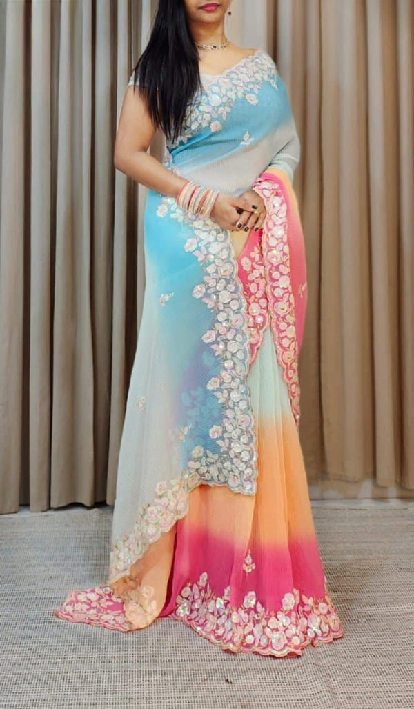 Celebrity Look Pleated Multi Color With Work Saree