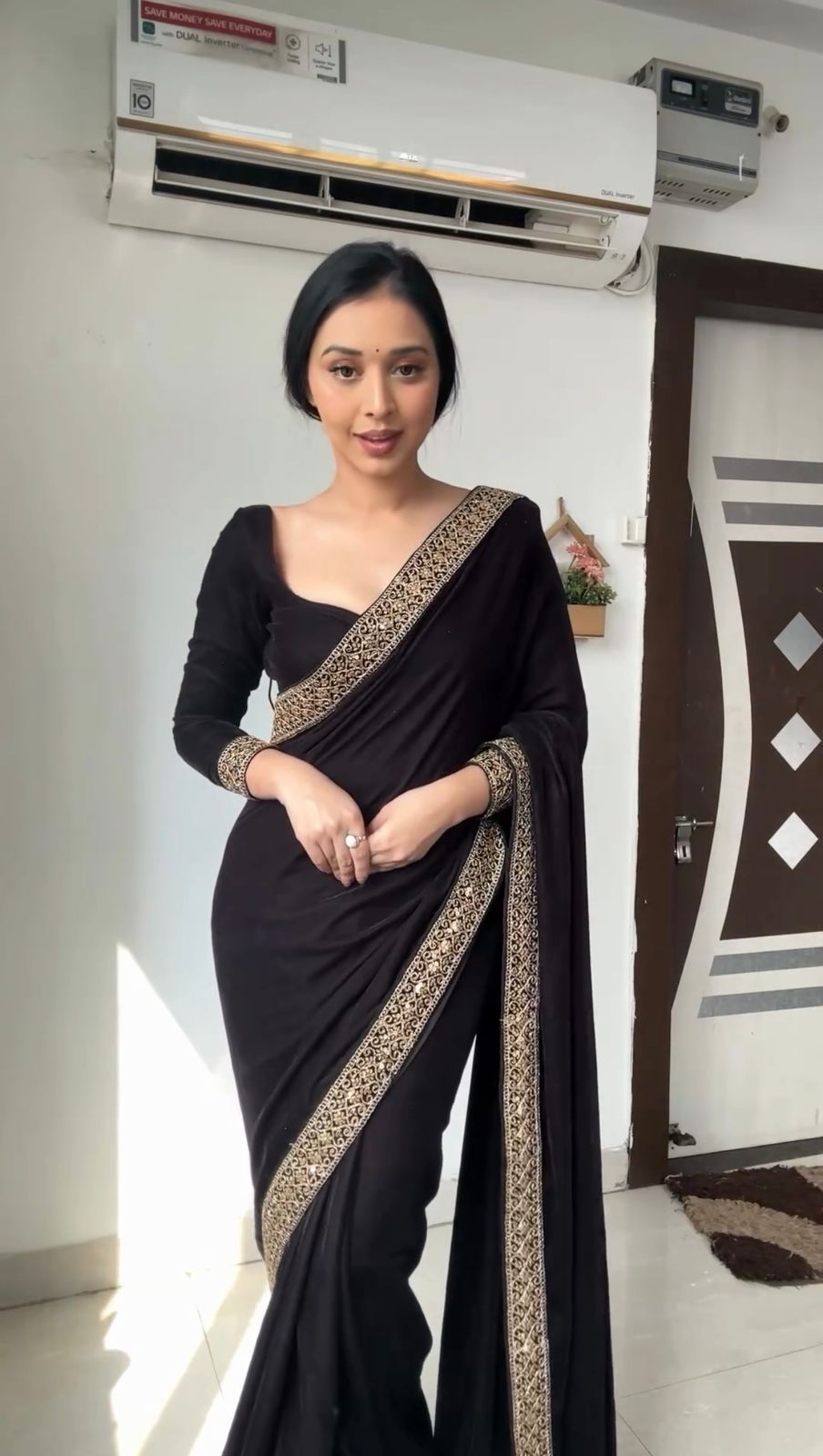Elegant Ready To Wear Black Color Velvet Saree