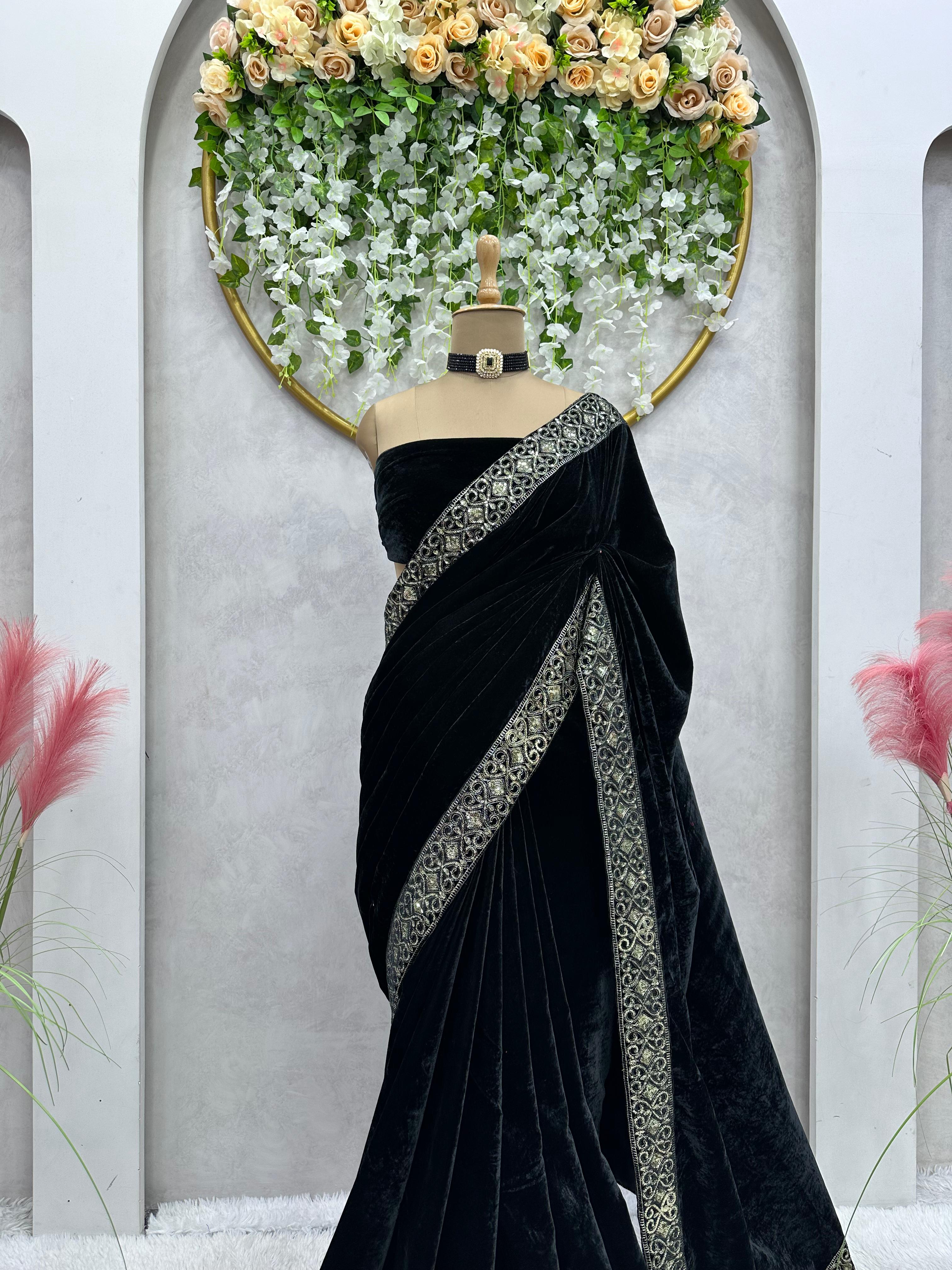Elegant Ready To Wear Black Color Velvet Saree