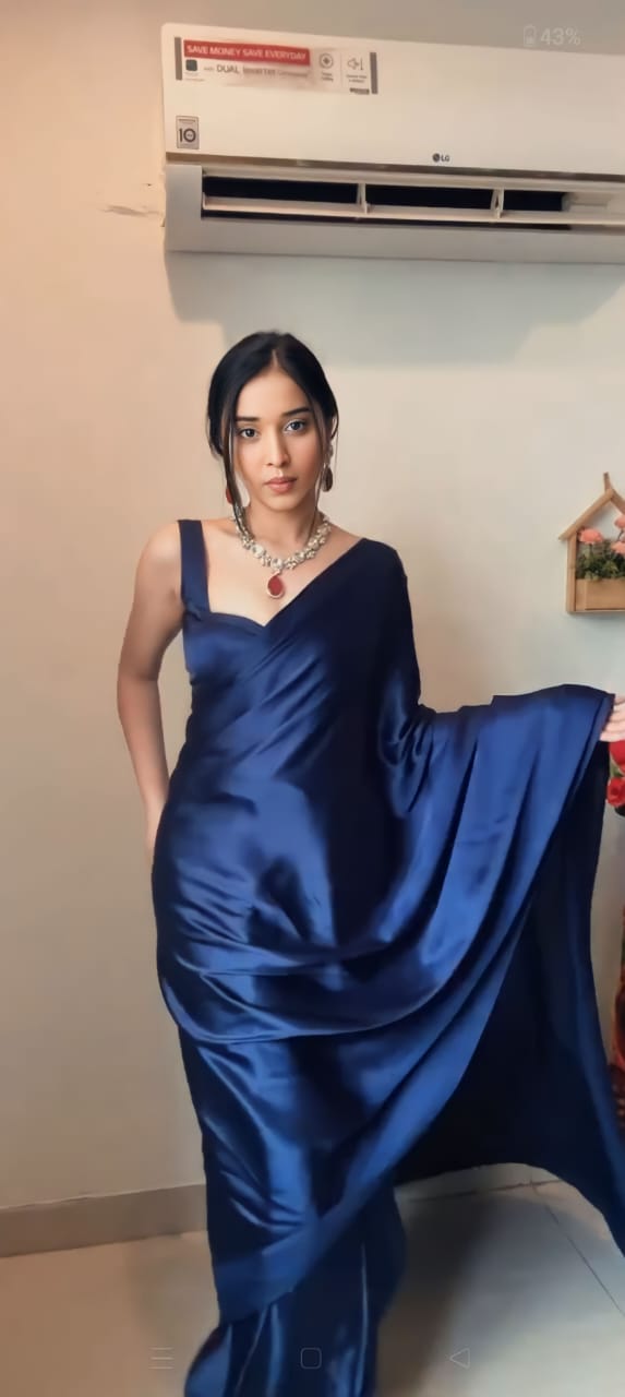 Ready To Wear Blue Color Plain Satin Silk Saree