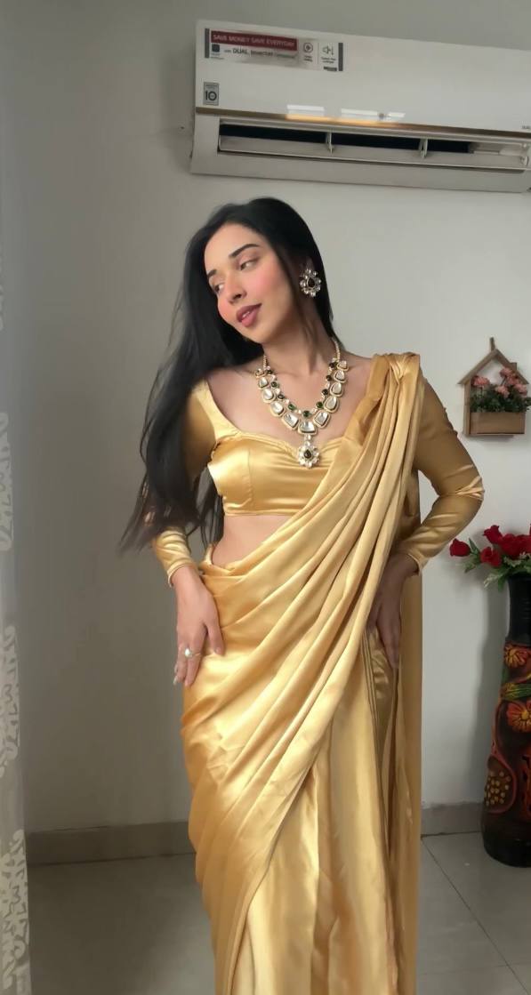 Ready To Wear Beige Color Plain Satin Silk Saree