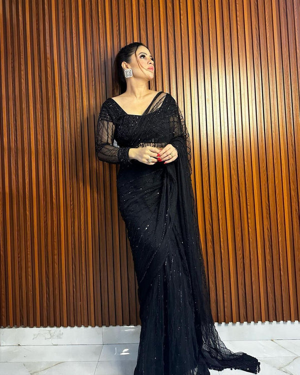 Captivating Black Color Ready To Wear Net Saree