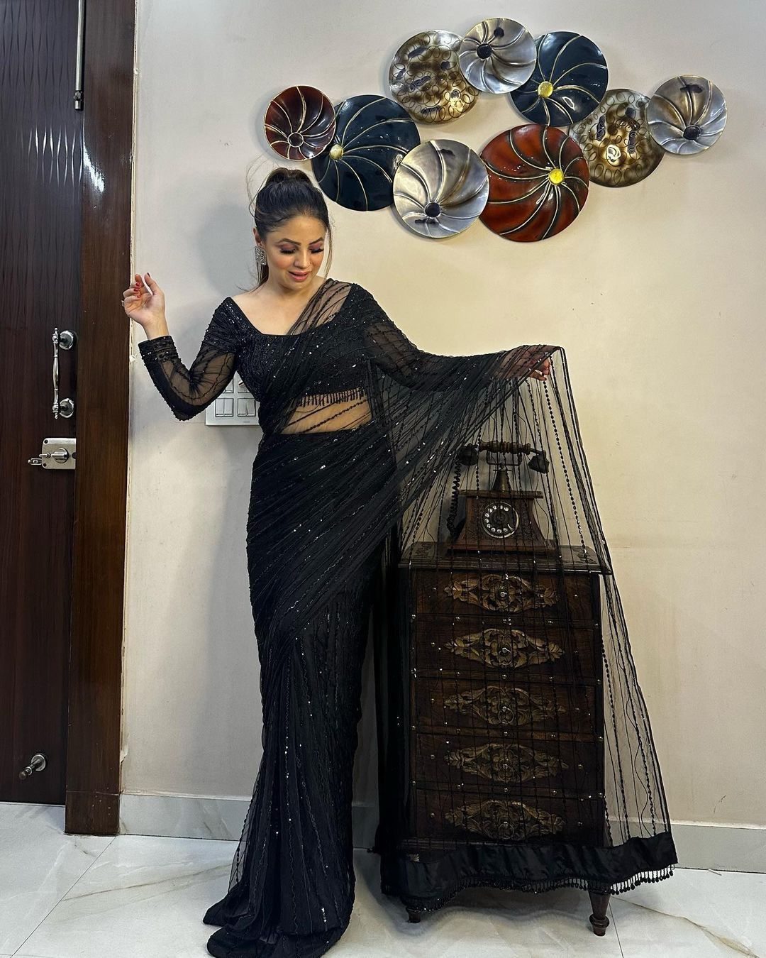 Captivating Black Color Ready To Wear Net Saree