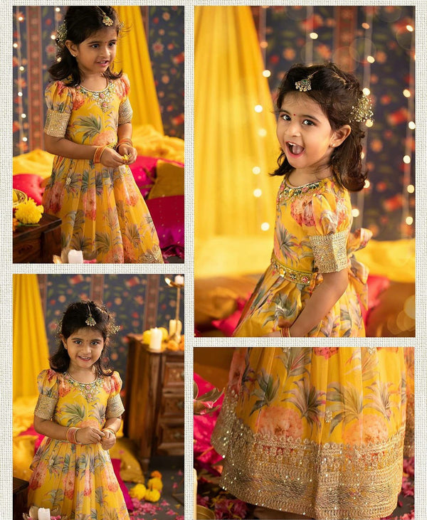 Digital Print With Work Yellow Color Baby Girl Gown