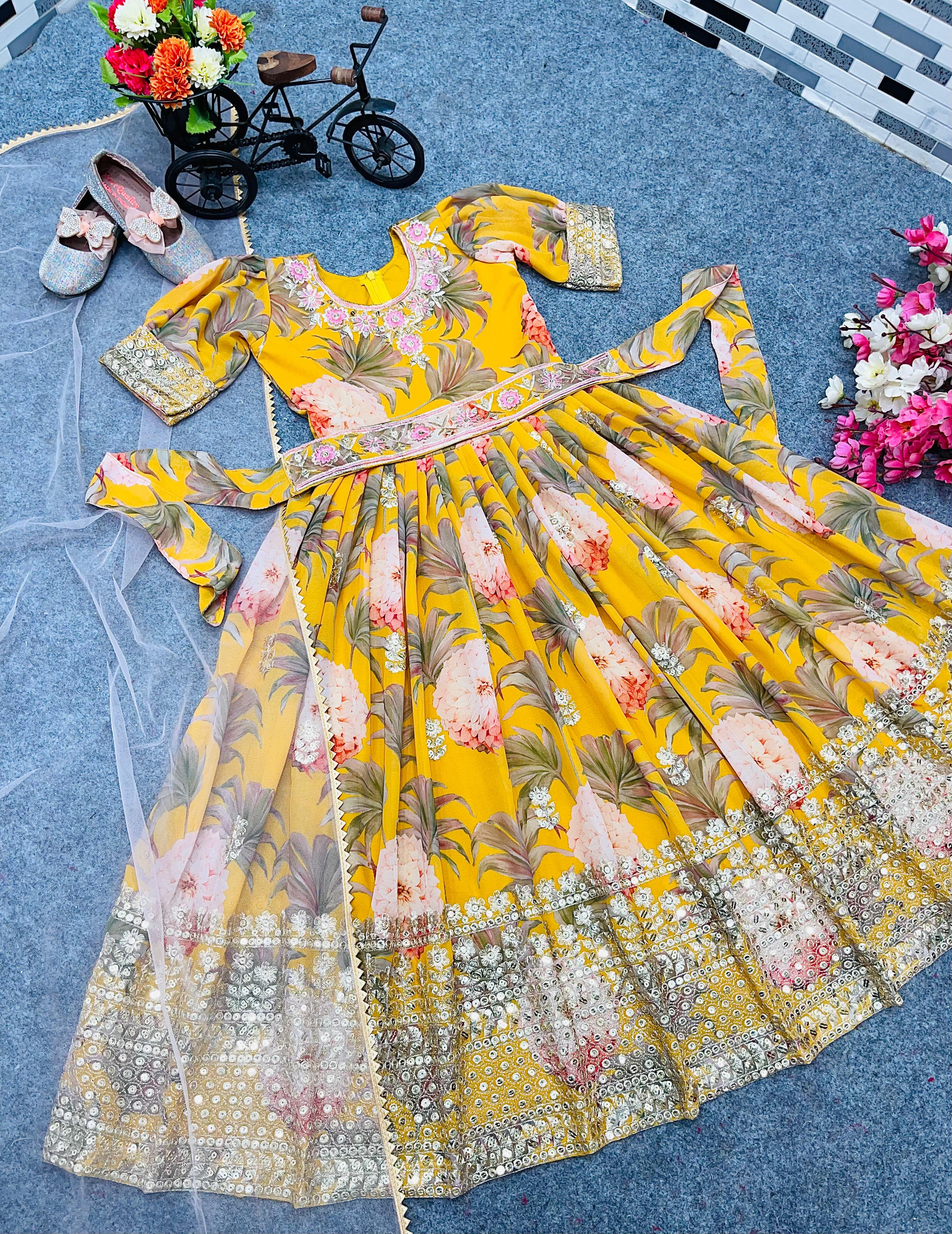 Digital Print With Work Yellow Color Baby Girl Gown