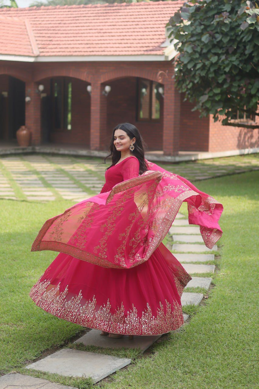 Superhit Pink Color Gown With Heavy Work Dupatta