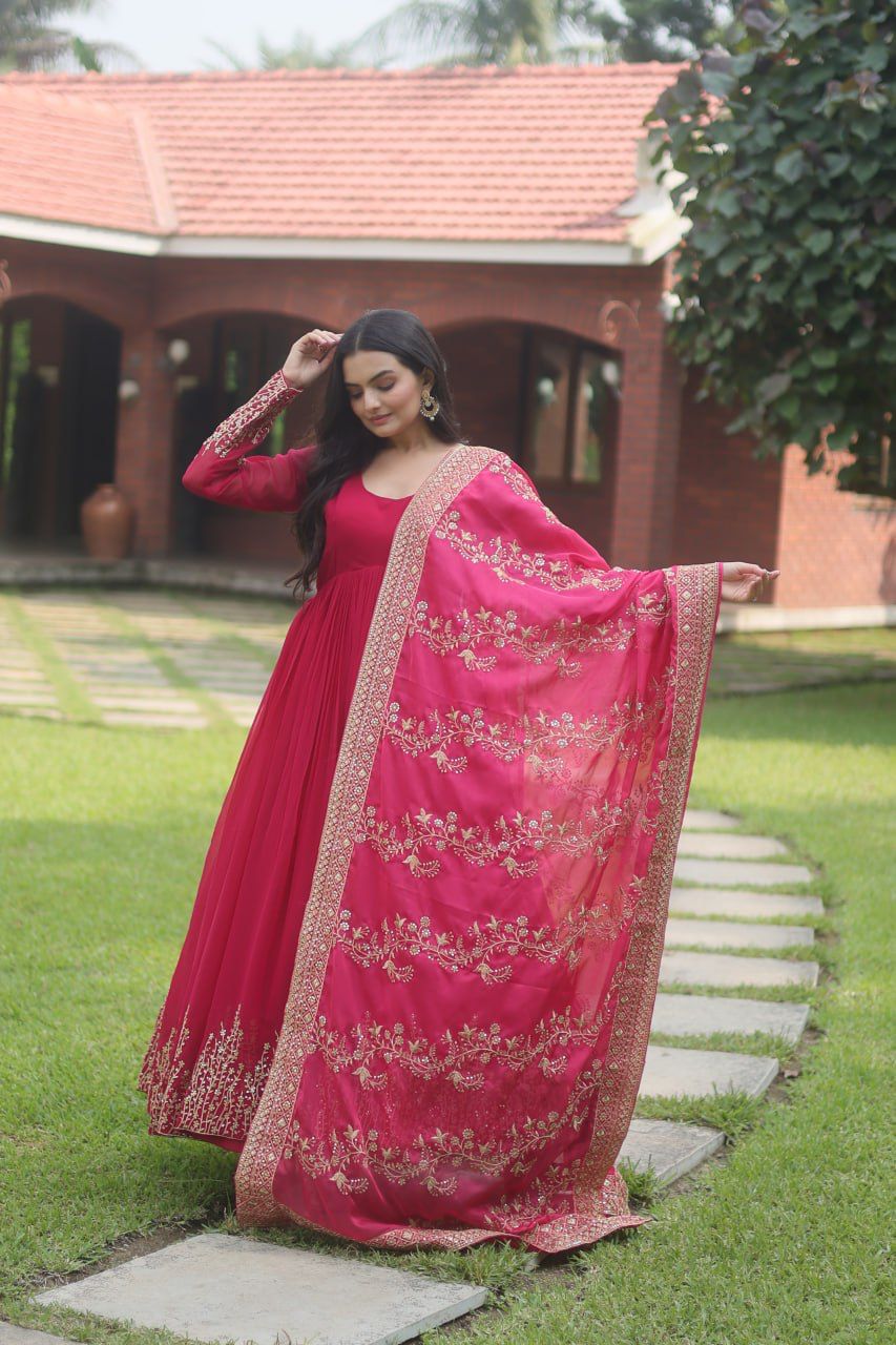 Superhit Pink Color Gown With Heavy Work Dupatta