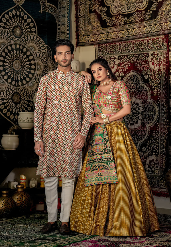 Ceremony Wear Printed Mustard Multi Design Couple Dress