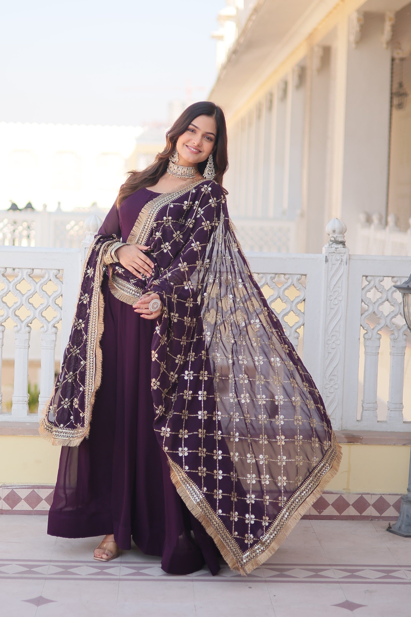 Beautiful Wine Color Gown With Heavy Dupatta