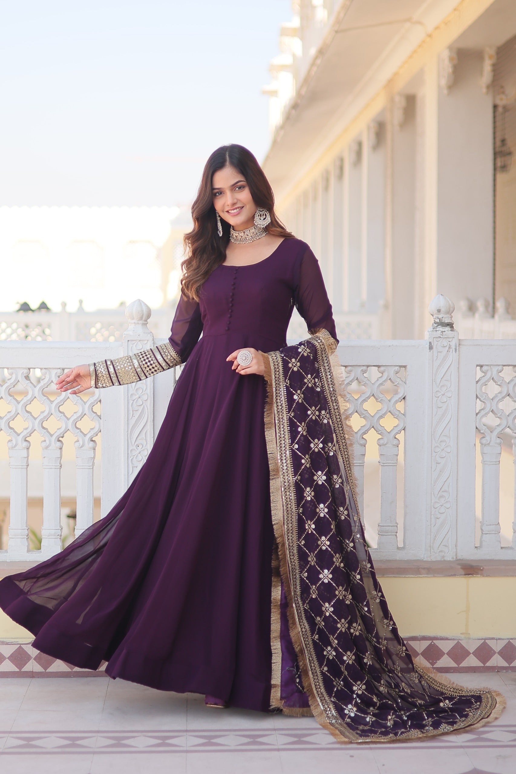 Beautiful Wine Color Gown With Heavy Dupatta