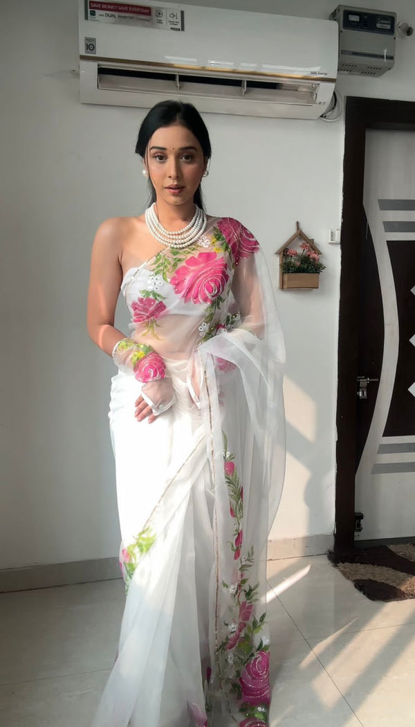 Ready To Wear Digital Printed White Color Saree