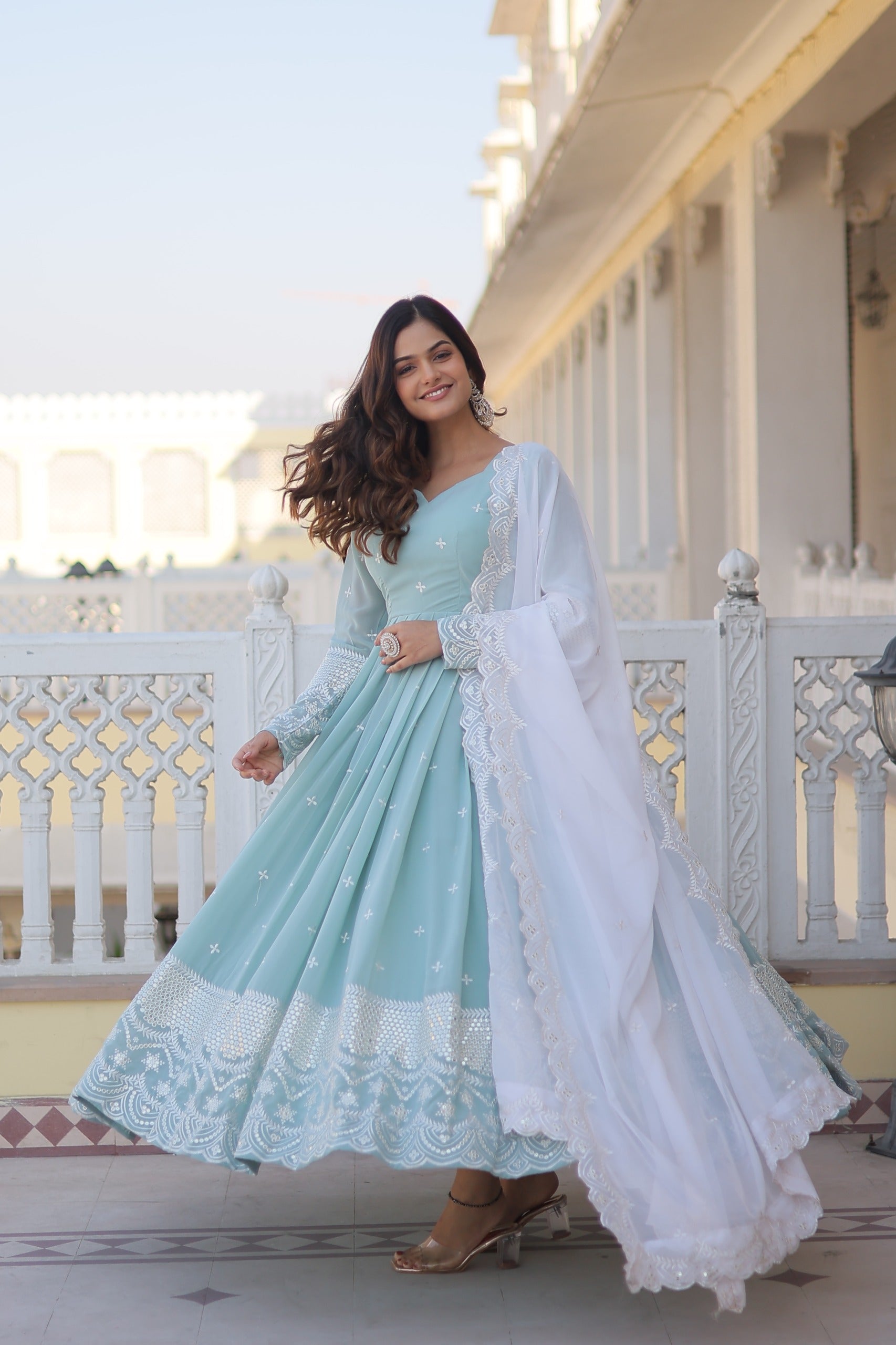Sky Blue Color Sequence Thread Work Gown With Dupatta