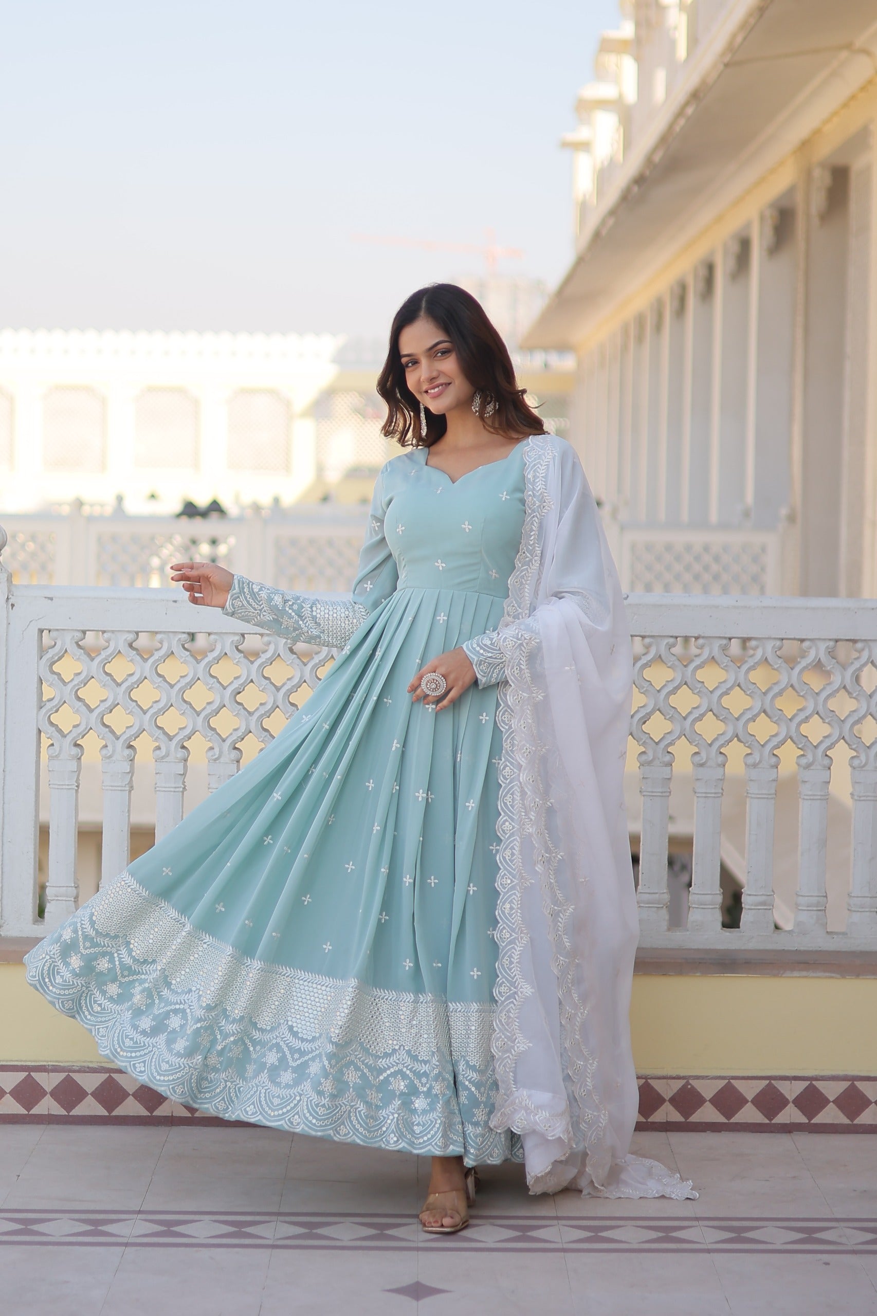Sky Blue Color Sequence Thread Work Gown With Dupatta