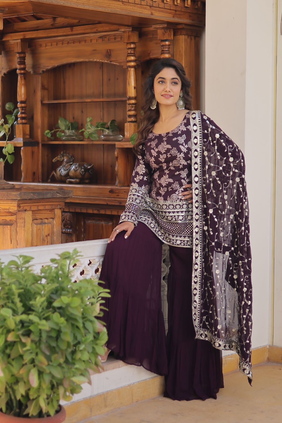 Jacquard Design With Work Wine Color Sharara Suit