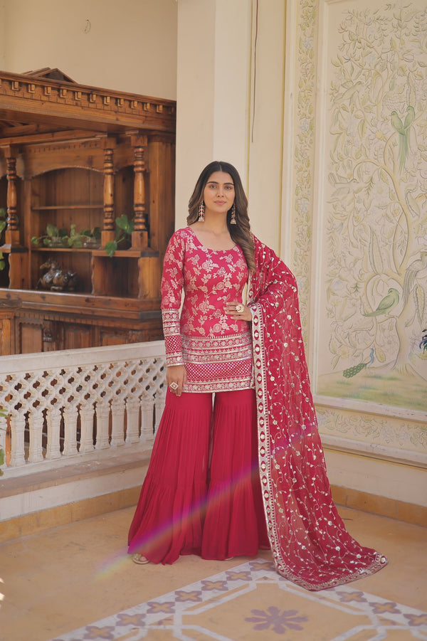 Jacquard Design With Work Pink Color Sharara Suit