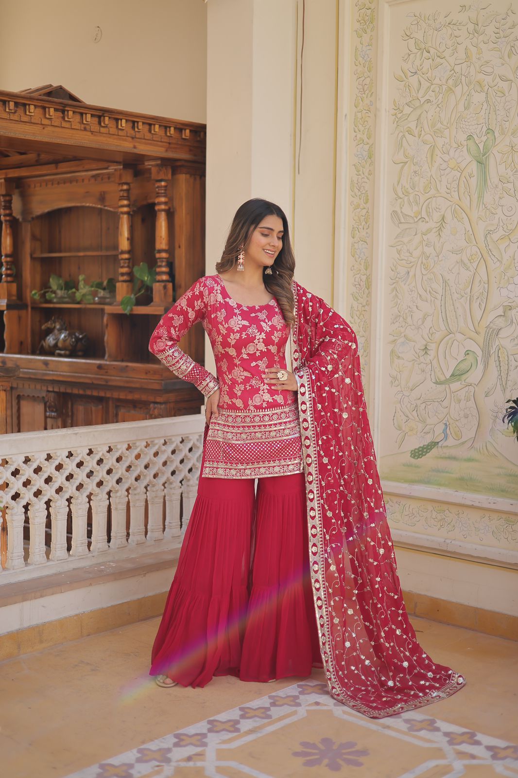 Jacquard Design With Work Pink Color Sharara Suit