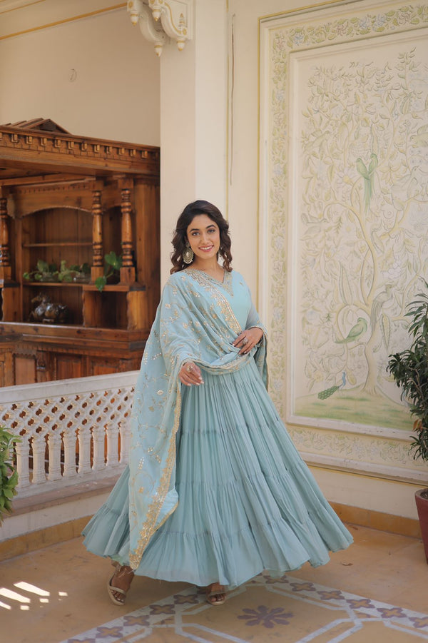 Luxuriant Ruffle Sky Blue Gown With Work Dupatta