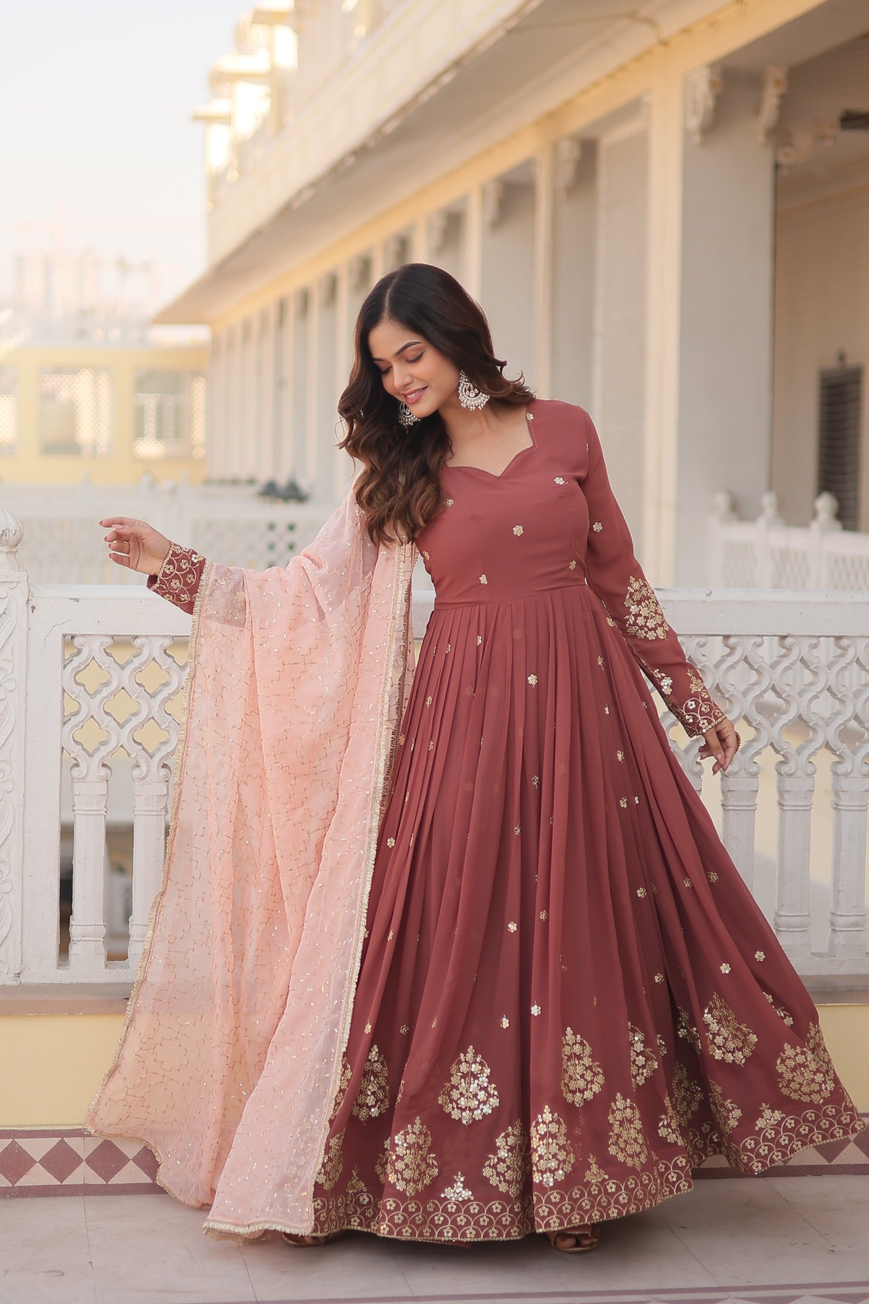Elegant Chocolate Color Zari Thread Sequence Work Gown