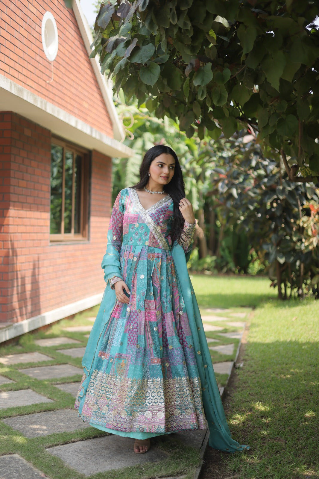 Stylish Aqua Blue Color Embroidery Work Print Gown
