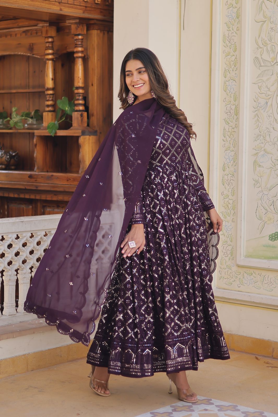 Admiring Embroidered Work Purple Color Gown With Dupatta