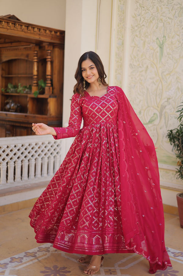 Admiring Embroidered Work Pink Color Gown With Dupatta