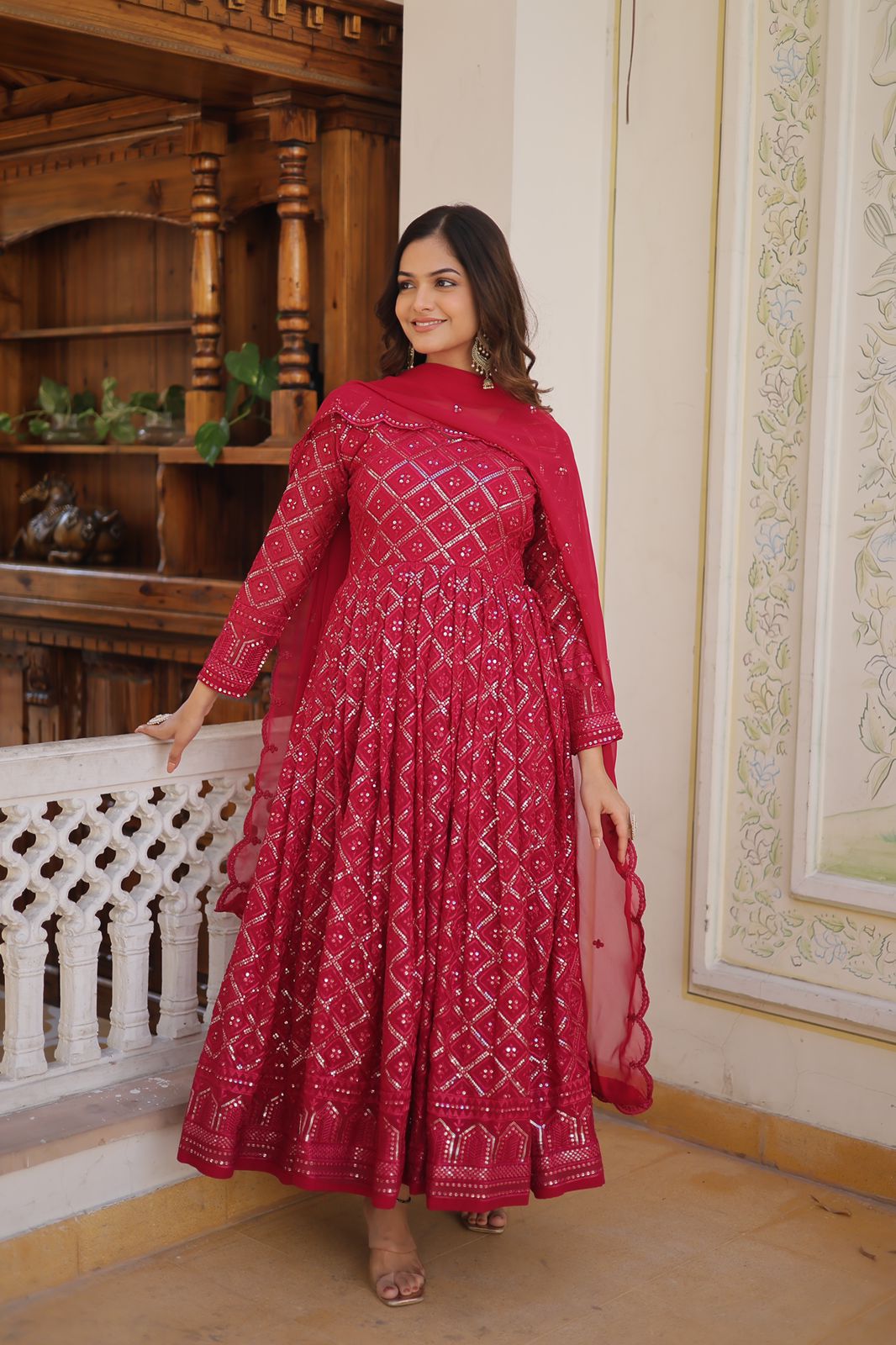 Admiring Embroidered Work Pink Color Gown With Dupatta