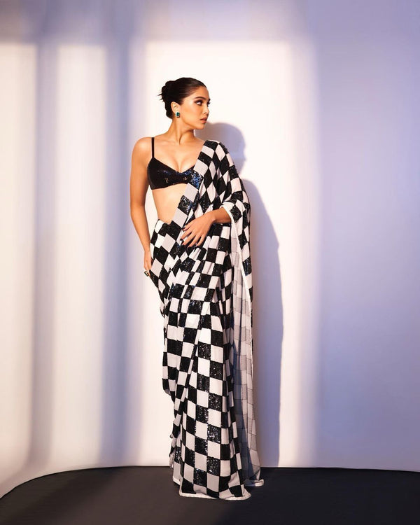 Embellished Black And White Sequence Work Saree