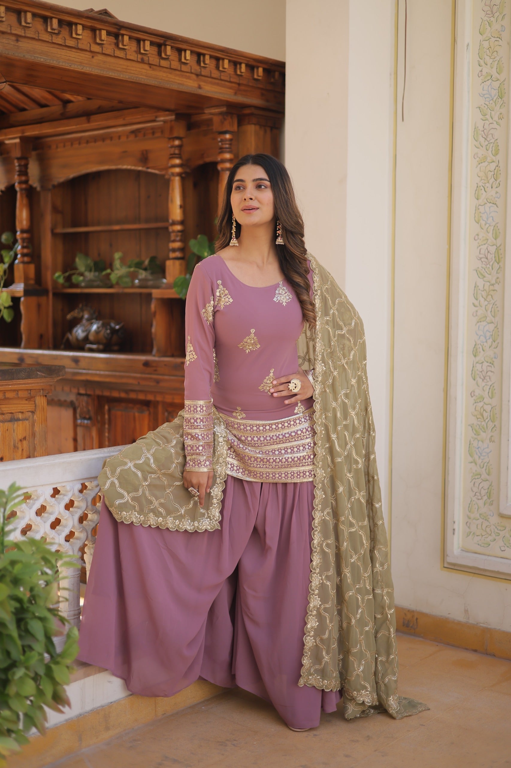 Decent Dusty Pink Embroidered Sequence Work Sharara Suit