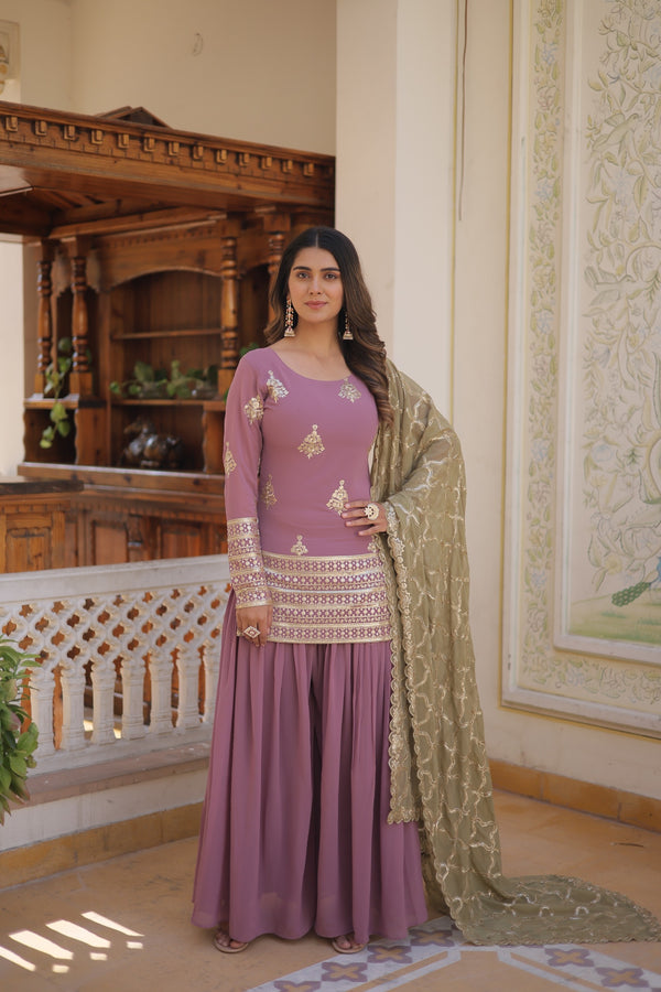 Decent Dusty Pink Embroidered Sequence Work Sharara Suit